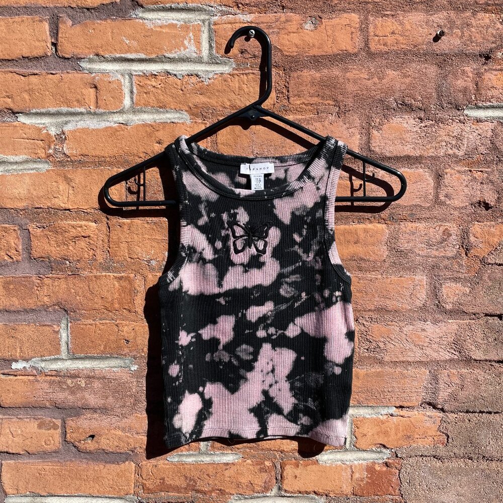 Topshop Butterfly Embroidery Ribbed Cotton Tie Dye Pink Black Tank Top Y2K New